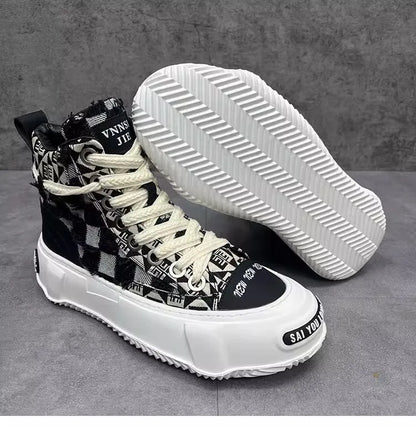 Retro Mixed Color Checkerboard Canvas Shoes Fashion Round Toe Chunky Bottom Height Increasing Man's Sport Shoes Ankle Boots