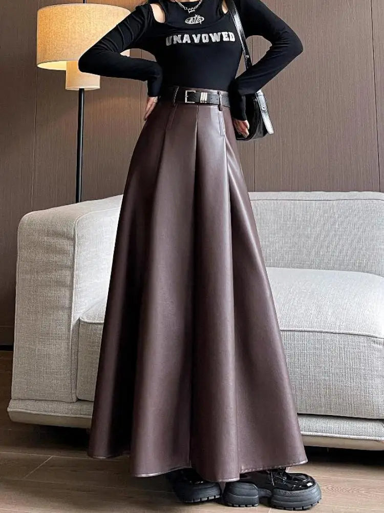 Women Black Elegant Party Pleated Long Skirt Fall Winter French Leisure Retro Brown High Waist Slim Pu Leather Half Length Skirt