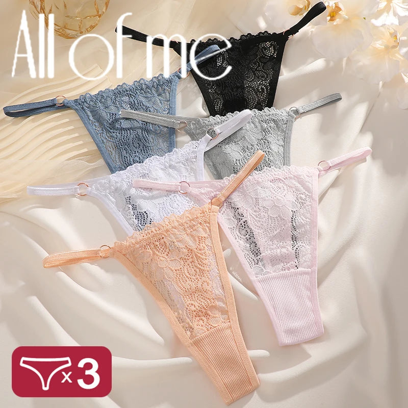 3Pcs Lace Low Waisted G-String For Women American Lace Lady Sexy Cotton T-back Breathable Thong Thin Strap Metal Buckle Thong