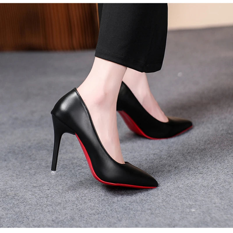 Sexy Fashion Women's Soft Leather Pumps Spring New Thin High Heels 2024 New Dress Shoes Ladies Stiletto Black Big Size