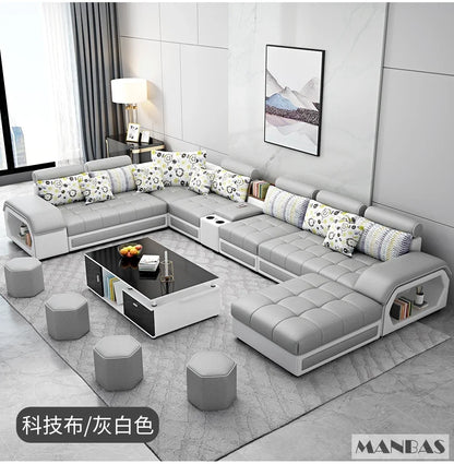 MANBAS Fabric Sofa Set Furniture Living Room Sofa Set with USB and Stools / Big U Shape Cloth Couch Sofas for Home Furniture