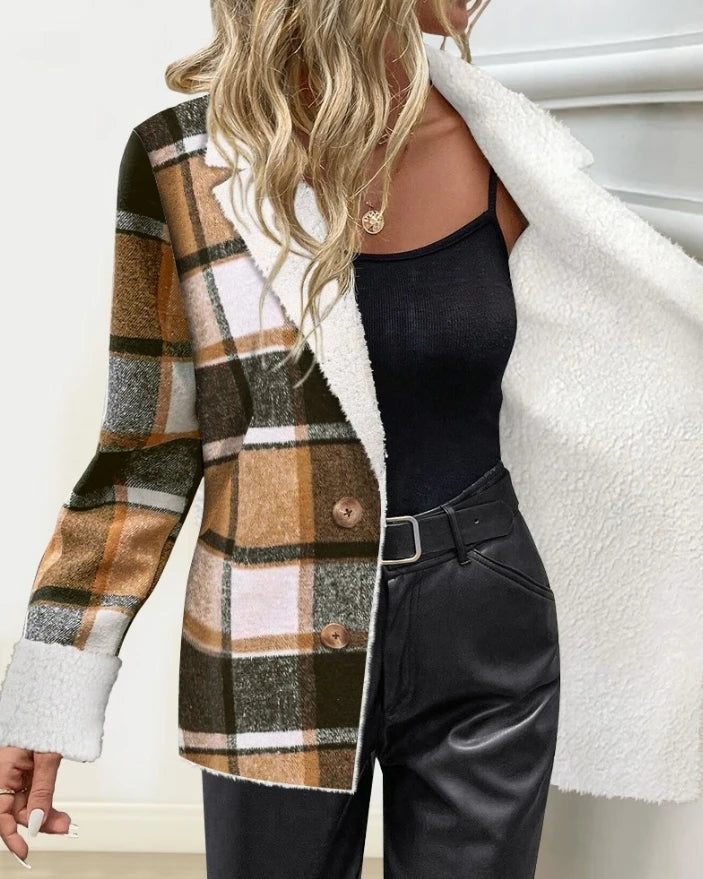 Women's Jacket 2024 Autumn Fashion Plaid Pattern Notched Collar Long Sleeve Blazer Button Front Fleece Lined Daily Casual Coat