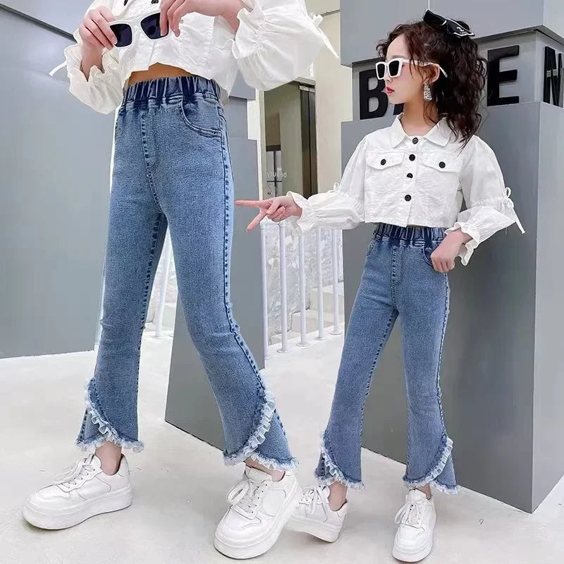 2024 Hem and Stretchable Fabric New Arrival Stylish and Comfy Kids Jeans for Girls with Trendy Flared