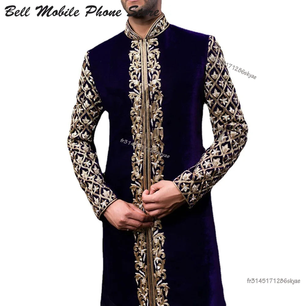 Jubba Thobe Kaftan Dress Stand Collar Gold Print Modest Islamic Clothing Male Abaya Muslim Ethnic Fashion Arabic Men Clothes