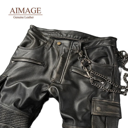 Vintage Men Cowhide Leather Pants Multi Pockets Pantalones De Cuero Moto Ride Pantalon Cuir Travel Windproof Latex Homme PY416