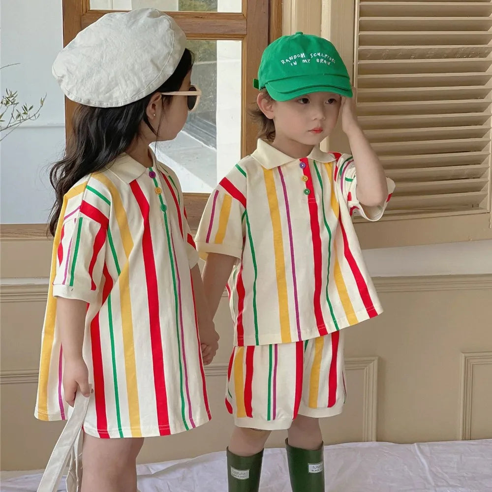 Summer Fashion Brother Sister Outfits Boy Children Loose Striped T-shirt + Shorts 2pcs Girl Baby Cotton Short Sleeve Shirt Dress