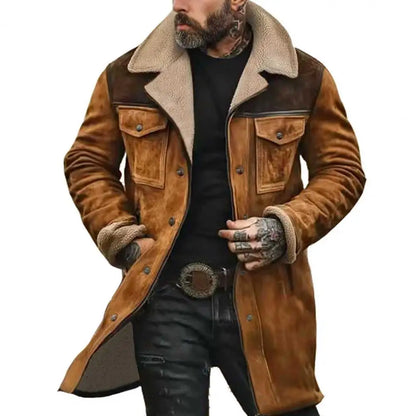 Men Jacket Large Plush Lapel Long Sleeve Vintage Suede Jacket with Pockets Zipper Up Mid-length Motorcycle Coat