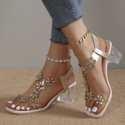 Transparent Square Heel Sandals for Woman Luxury Flash Drill Summer High Heels Fashion Women's Shoes Low Heels Sandalias Size 43