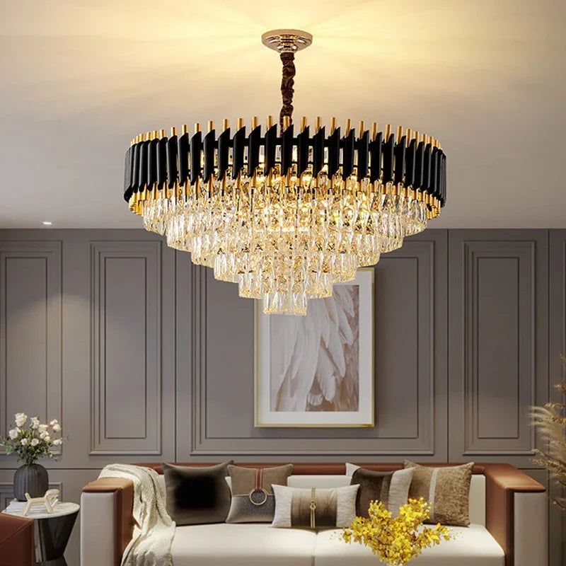 LED Luxury Black Gold Crystal Chandeliers For Living Room Kitchen Island Lustre Hanging Pendant Lamp Indoor Lighting Fixture