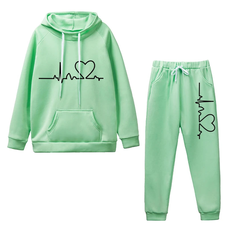 Women's 2-piece Set, Hooded Sweatshirt And Printed Pants, Running Sportswear, Girls' Warm Sportswear, Autumn And Winter