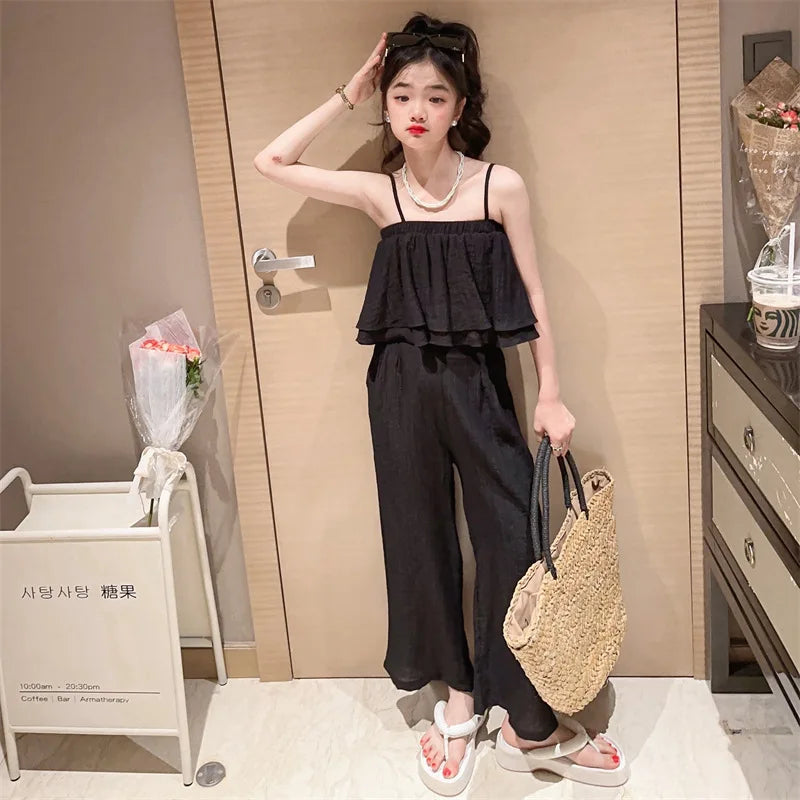 Summer Teenage Girls Clothing Sets Children Fashion Sling Tops + Wide Leg Pants 2Pcs Outfits Kids Tracksuit 4 6 8 10 12 14 Years