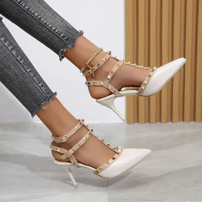 Women's Shoes Rivets Sandals Female Summer  Thick with Fine with High-heeled Shoes Pointed Stiletto Sexy Nightclub Shoes