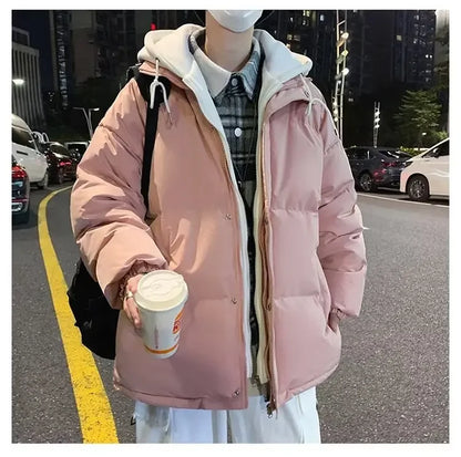 Men's Thickened Warm Cotton Coat Hooded Puffer Jacket Loose Fit Style Winter Parkas Versatile Two-piece Illusion Padded Jacket