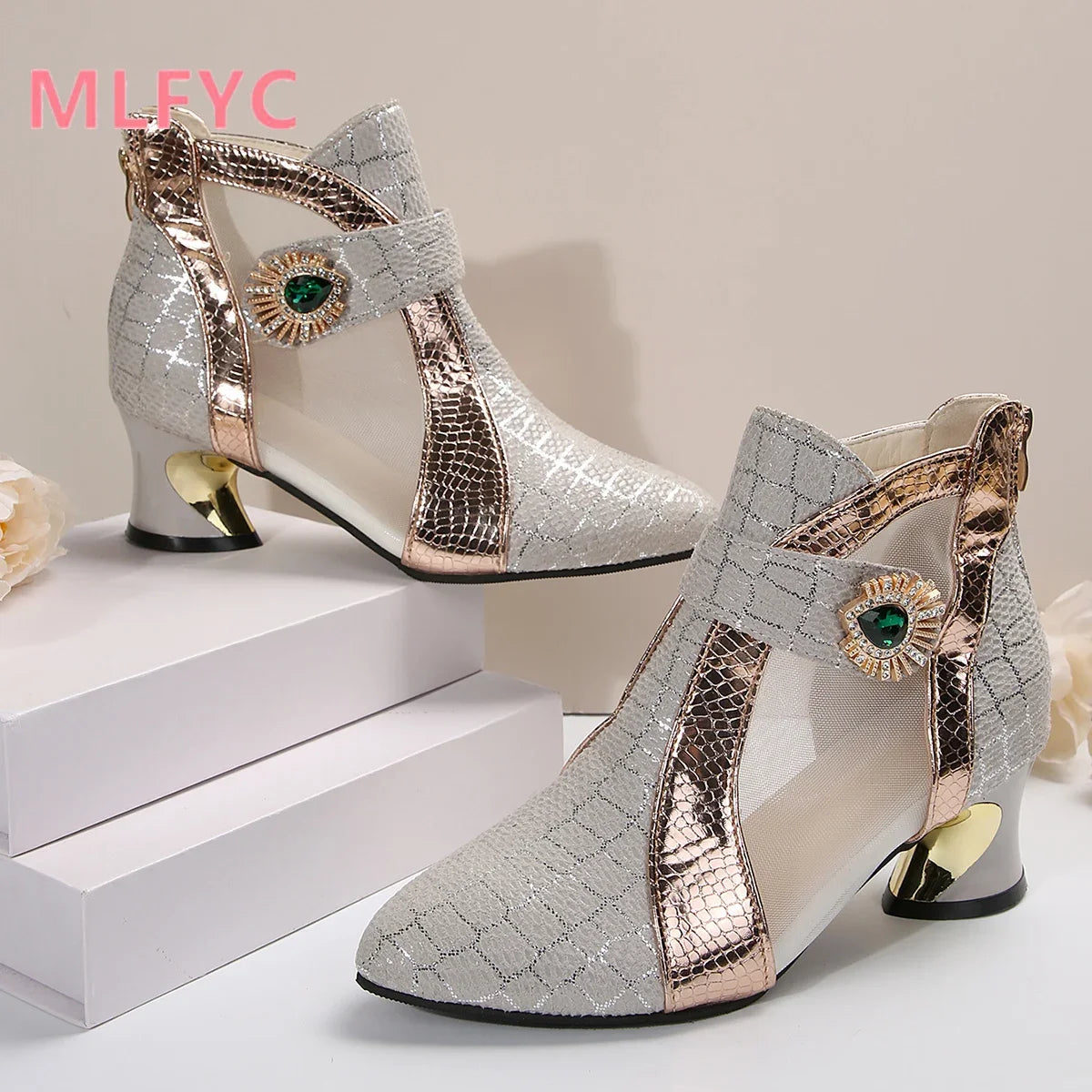 Spring and Summer New High Heel Mesh Boots Hollow Mesh Sandals Thick Heel Fashion Women's Shoes Women's Sandals