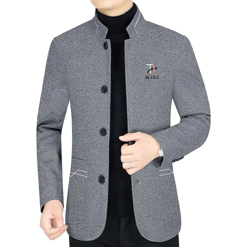 New Winter Men Fleece Warm Blazers Jackets Cashmere Woollen Suits Coats Stand-up Collar Business Casual Trench Coats Jackets 4XL