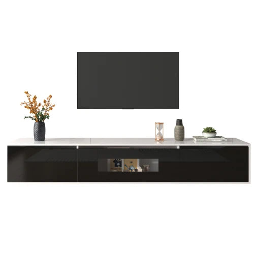 High gloss TV cabinet, lowboard, with multicoloured LED lighting, wall mounting option and dimensions 180cm