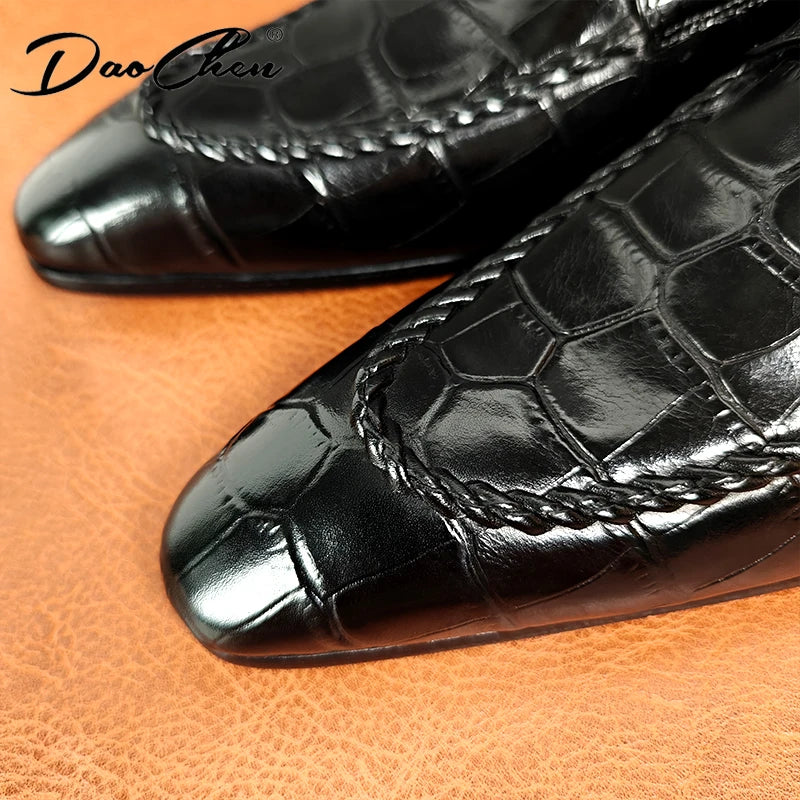 Luxury Brand Men Leather Shoes Slip-On Black Crocodile Print Woven Pattern Loafers Mens Dress Shoes Wedding Office Shoes For Men