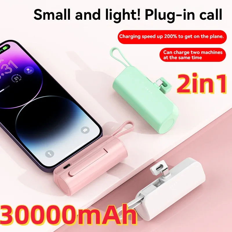 30000mAh Mini Power Bank 2 IN 1 Fast Mobile Phone Charger External Battery Power Bank Plug Play Type-C For iPhone Samsung Huawei