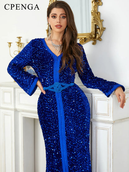 Luxury Blue Sequins Muslim Abaya Dress for Women Eid Arabic Femme Party Jalabiya Islam Turkey Dresses Moroccan Kaftan Robe