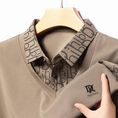 2024 Autumn New Luxury Quality Men's Fake Two Piece Polo Shirt Embroidered Printed Color Blocked Long Sleeved Lapel T-Shirt Top