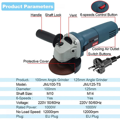 Electric Angle Grinder 1000W 6 Gears Speed Angular Grinding Machine Power Tool Grinding Cutting Polishing Metal Wood Power Tool