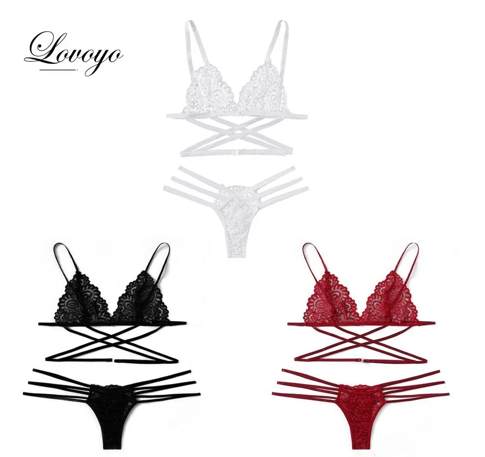 2024 Lace Women Sexy Bra Set Polyester Bandage Push Up Underwear Set Beauty Back Bra Erotic Thongs Costume Intimates Lingerie