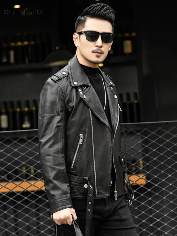 Spring Autumn Short Cool Black Leather Biker Jacket Men Zipper Long Sleeve Belt Plus Size European Fashion brand leather jackets