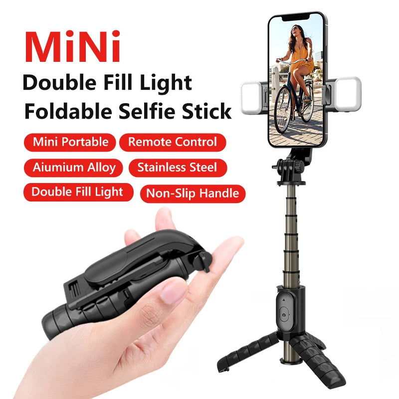 Double Fill Light Selfie Stick Tripod with Wireless Remote, Mini Extendable 4 in 1 Monopod - 360° Rotation Phone Stand Holder