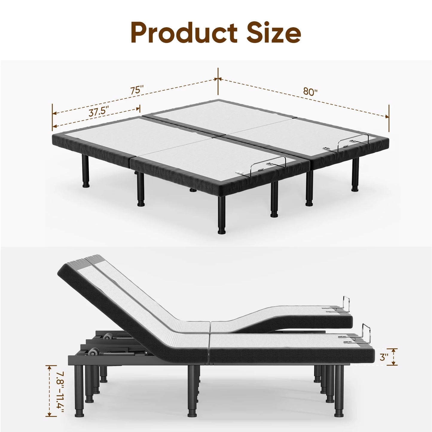 TXL King Size Adjustable Bed Frame Bed Base for Stress Management Zero Gravity Base, 3-Speed Massage and Wireless Remote Control