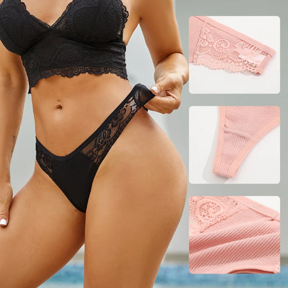 FINETOO 3Pcs Women's Cotton Underwear Lace Thongs Sexy Solid Color Low Waist Bikini Panties Ladies Breathable G-string Lingerie