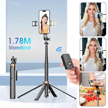 Portable Bluetooth Selfie Stick 1.78m 360 Rotation Aluminum Alloy Selfie Stick for Video Recording and Live Streaming