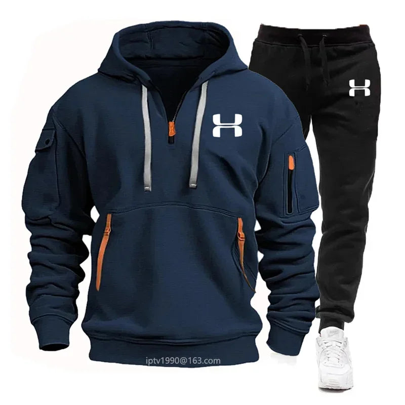 New men's sports suit, outdoor jogging fitness multi-pocket hoodie + pants 2 sets, fashion autumn and winter men's leisure suit