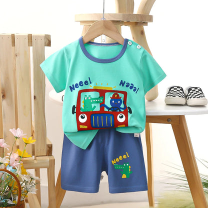 2Piece Summer Kids Clothes Boys Korean Set Outfit Casual Cartoon Cute Stripe Short Sleeve Tops+Loose Shorts Baby Clothing BC1697