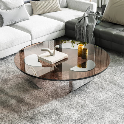 Round Glass Coffee Table Wedge Table Modern Coffee Table with Tempered Glass Top End Table Heavy Duty Steel Legs for Living Room