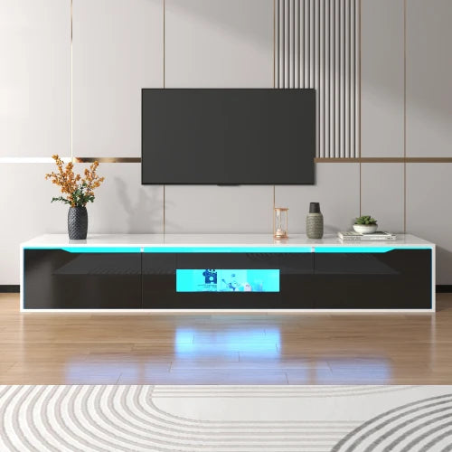 High gloss TV cabinet, lowboard, with multicoloured LED lighting, wall mounting option and dimensions 180cm