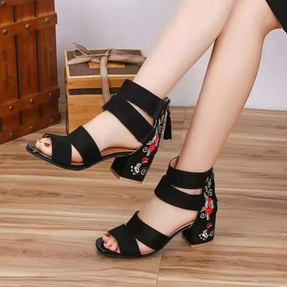 Shoes for Women 2023 New Ankle-Wrap Women's Sandals Summer Black Embroidered Mid-heel Sandals Elegant Open Toe Square Heel Mujer