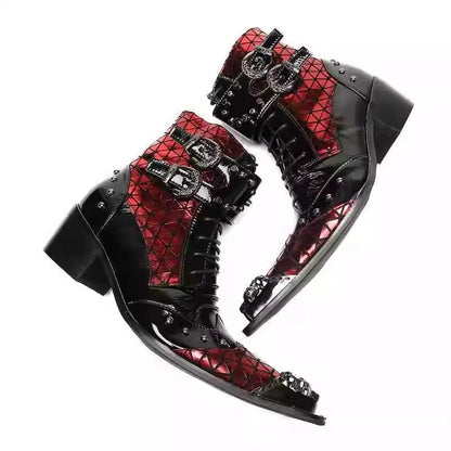 Punk Style Rivet Belt Buckle Decor Men Mid-Calf Boots Metal Pointed Toe Splicing Leather Shoes Male Lace-Up Motorcycle Boots