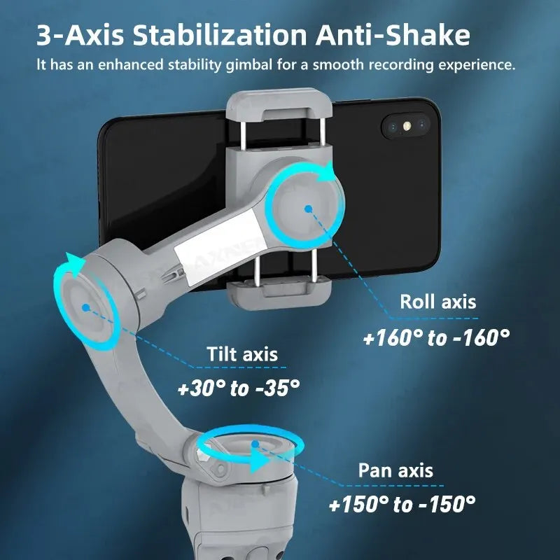 Stabilisateur de Main HQ6 3-Axis Gimbal pour Téléphone Portable avec Lumière d'Ambiance Suivi de Visage Anti-Oscillation en Vidéo pour Android iPhone