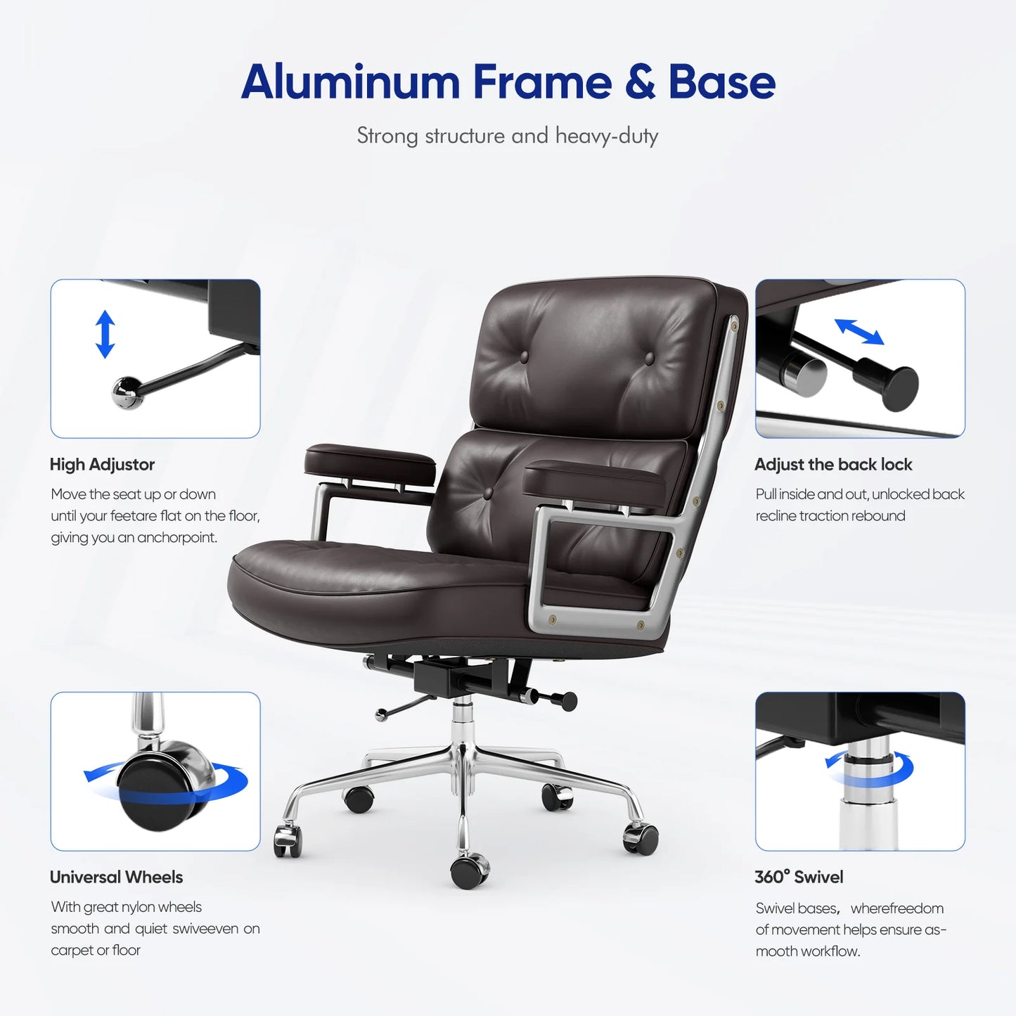 Adjustable Office Chair Genuine Leather Aluminum Alloy Frame Armchair  Swivel Chair for Office Study Living Room