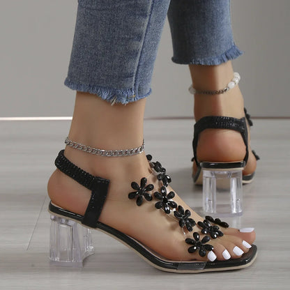 Transparent Square Heel Sandals for Woman Luxury Flash Drill Summer High Heels Fashion Women's Shoes Low Heels Sandalias Size 43