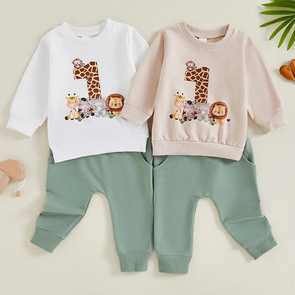 2024-05-31 Lioraitiin Baby Boy First Birthday Outfit, Animal Print Long Sleeve Sweatshirt Elastic Waist Pants Set for Fall