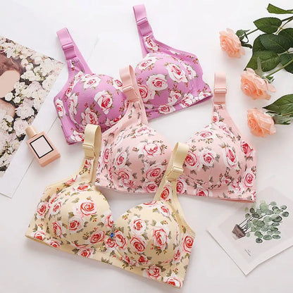 Women Sports Bra Adjustable Shoulder Strap Rhinestone Decor Floral Print Shockproof 3/4 Cup Push-up Anti-snagging Wireless Yoga