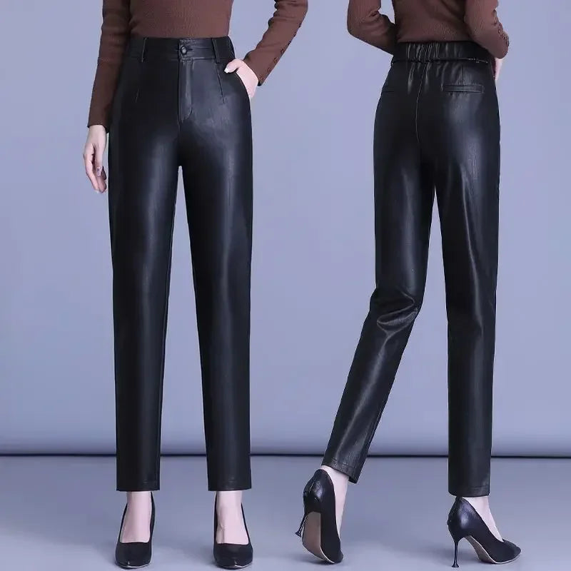 Genuine Leather Pants Women's Sheepskin Ankle-Tied Harem  Autumn and Winter New Casual Pants Elastic High Waist Pants