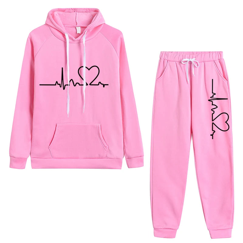 Women's 2-piece Set, Hooded Sweatshirt And Printed Pants, Running Sportswear, Girls' Warm Sportswear, Autumn And Winter