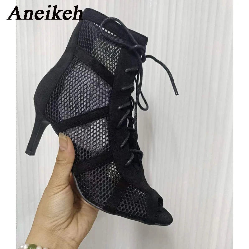 Aneikeh 7CM Middle Heel Dance Hollow Out Ankle Strap Sandal Boots 2023 Fashion Summer Lace Up Cross-tied Peep Toe Lady Shoes