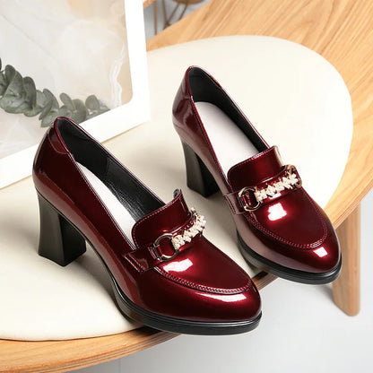 High Quality Pumps for Women Solid Color Thick Heel Soft Leather Shoes Patent Leather British Woman Round Toe High Heels Shoes