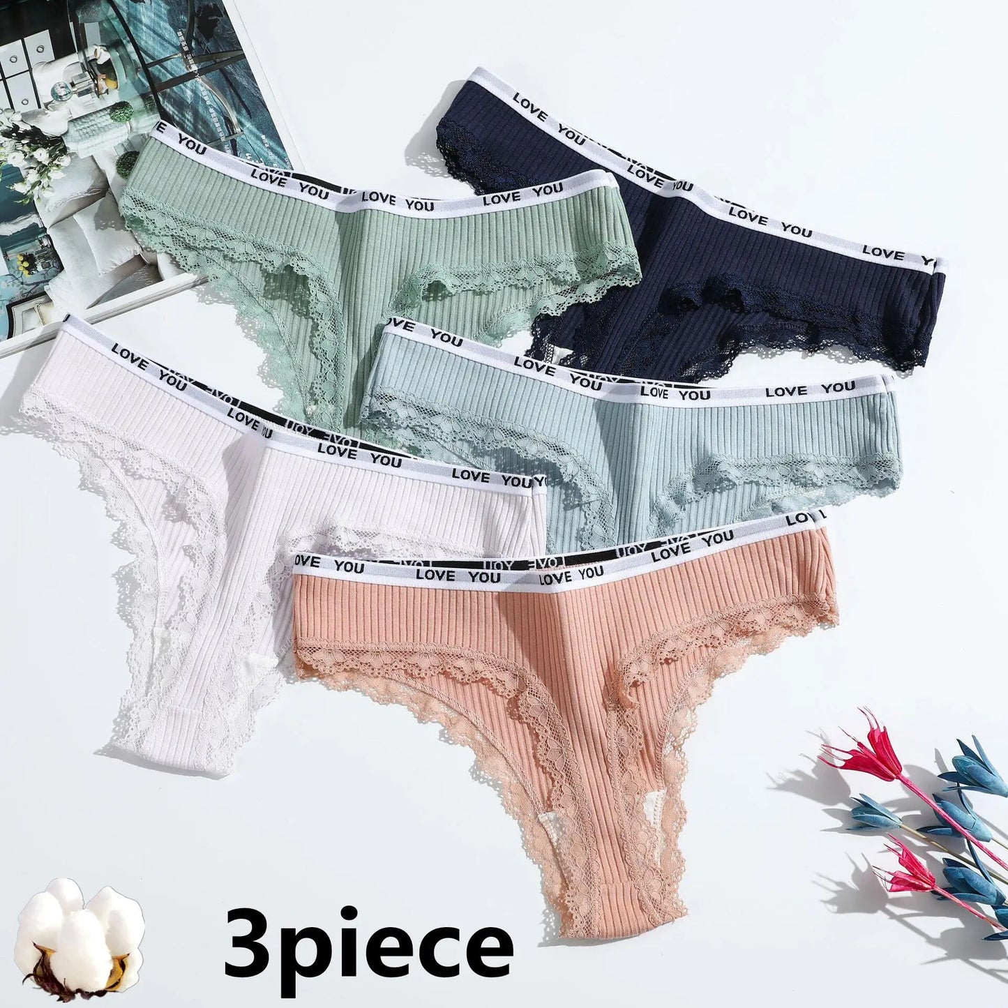 3-Piece Thong Cotton Sexy Ladies Panties Women's Underwear Low Waist Solid Color Shorts Black Invisible  Lace T-st