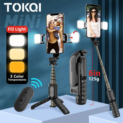 Double Fill Light Selfie Stick Tripod with Wireless Remote, Mini Extendable 4 in 1 Monopod - 360° Rotation Phone Stand Holder