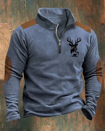 Fashion Milu Deer Print Men's Half Zip Long Sleeve Sweatshirts Casual Stand Collar Street Clothing Top Autumn Oversized Pullover