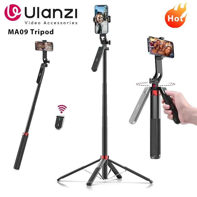 Ulanzi MA09 1.8m Selfie Stick Tripod for iPhone 11 12 13 14 15 Pro Max Phone with Remote Control with Panoramic Ball head Holder